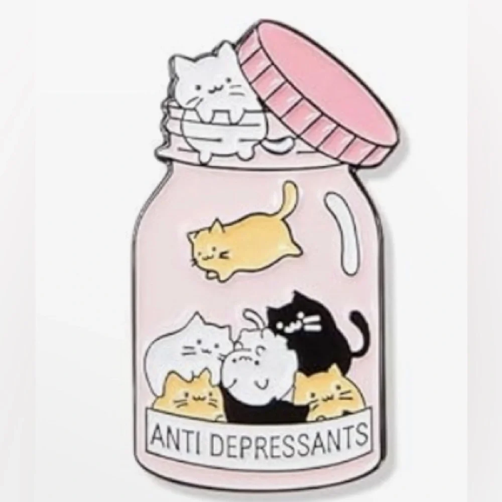 Fun, Kawaii Style ANTIDEPRESSANTS Cat Brooch Pin, Pink, Black, Gold, White